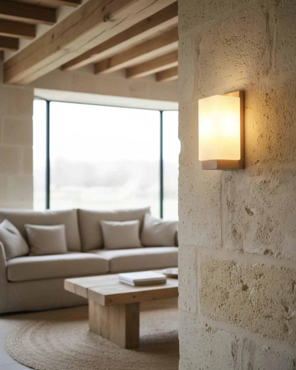 Wood wall sconce MURO No.01 lit on a limestone wall beside a beige sofa under a timber-beamed ceiling
