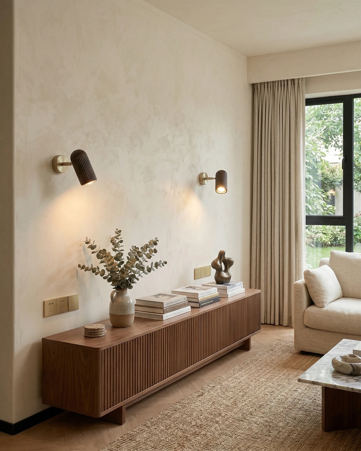 Two wood wall sconces NOTA No.01 lit on a plaster wall above a fluted wood sideboard near a sofa