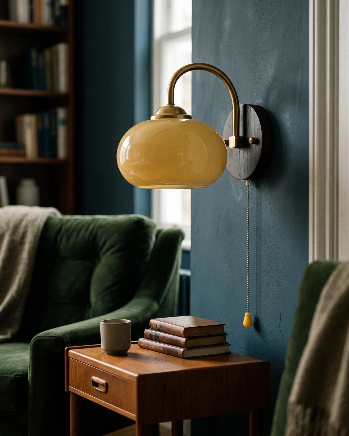 Wood wall sconce CURVA No.02 in soft beige on a navy wall above a teak side table with books and a mug