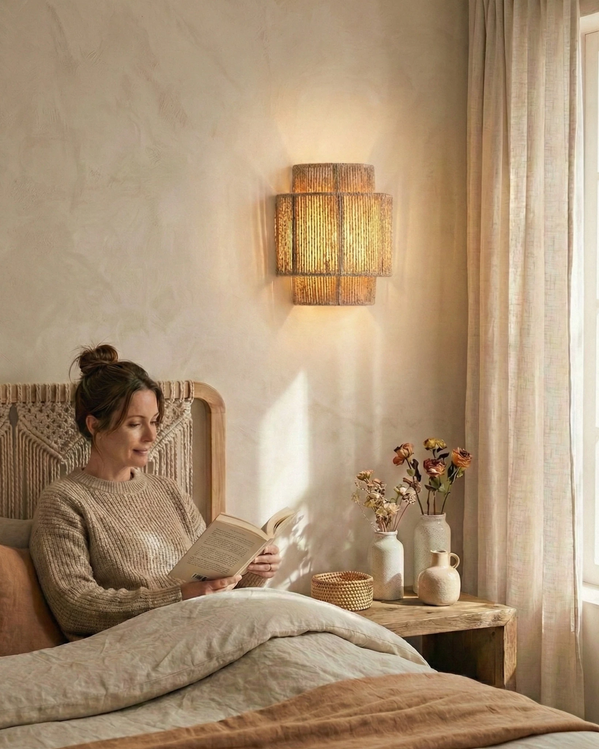 Woven wall sconce RAVENNA No.01 in jute glowing on a plaster wall above a woman reading in bed by the window