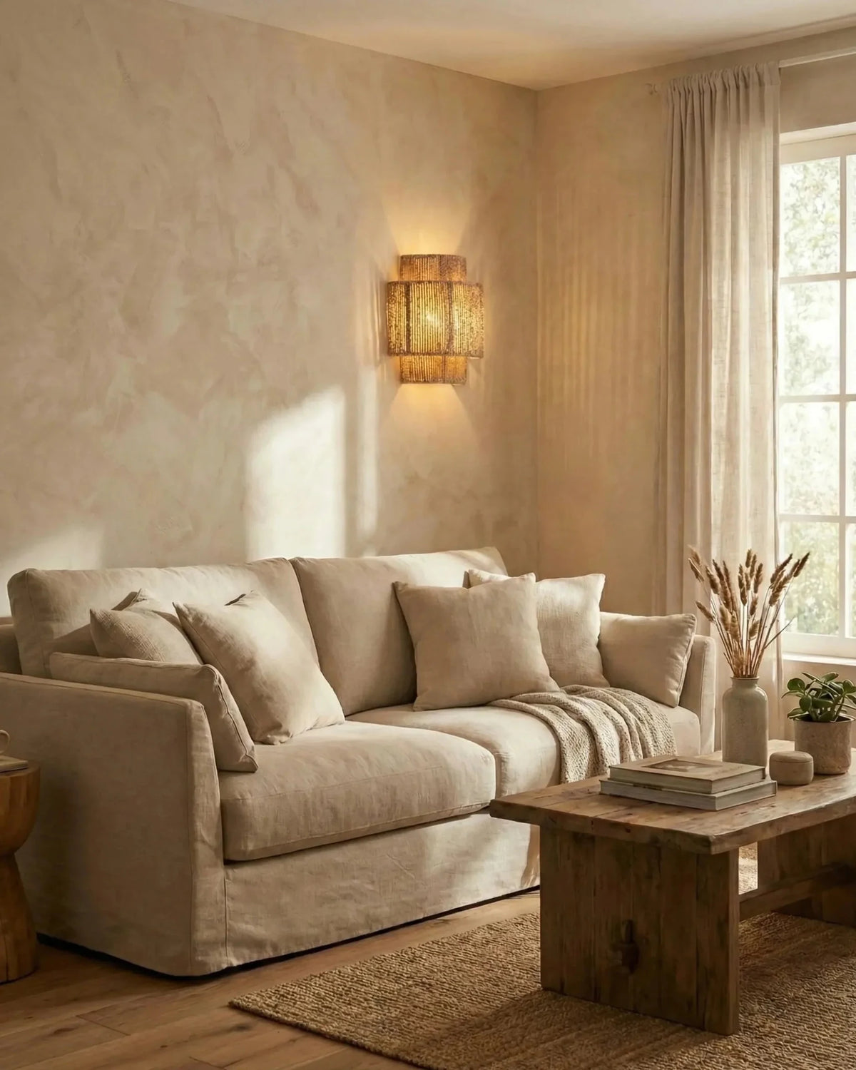 Woven wall sconce RAVENNA No.01 switched on above a linen sofa and rustic coffee table in a sunlit plaster room